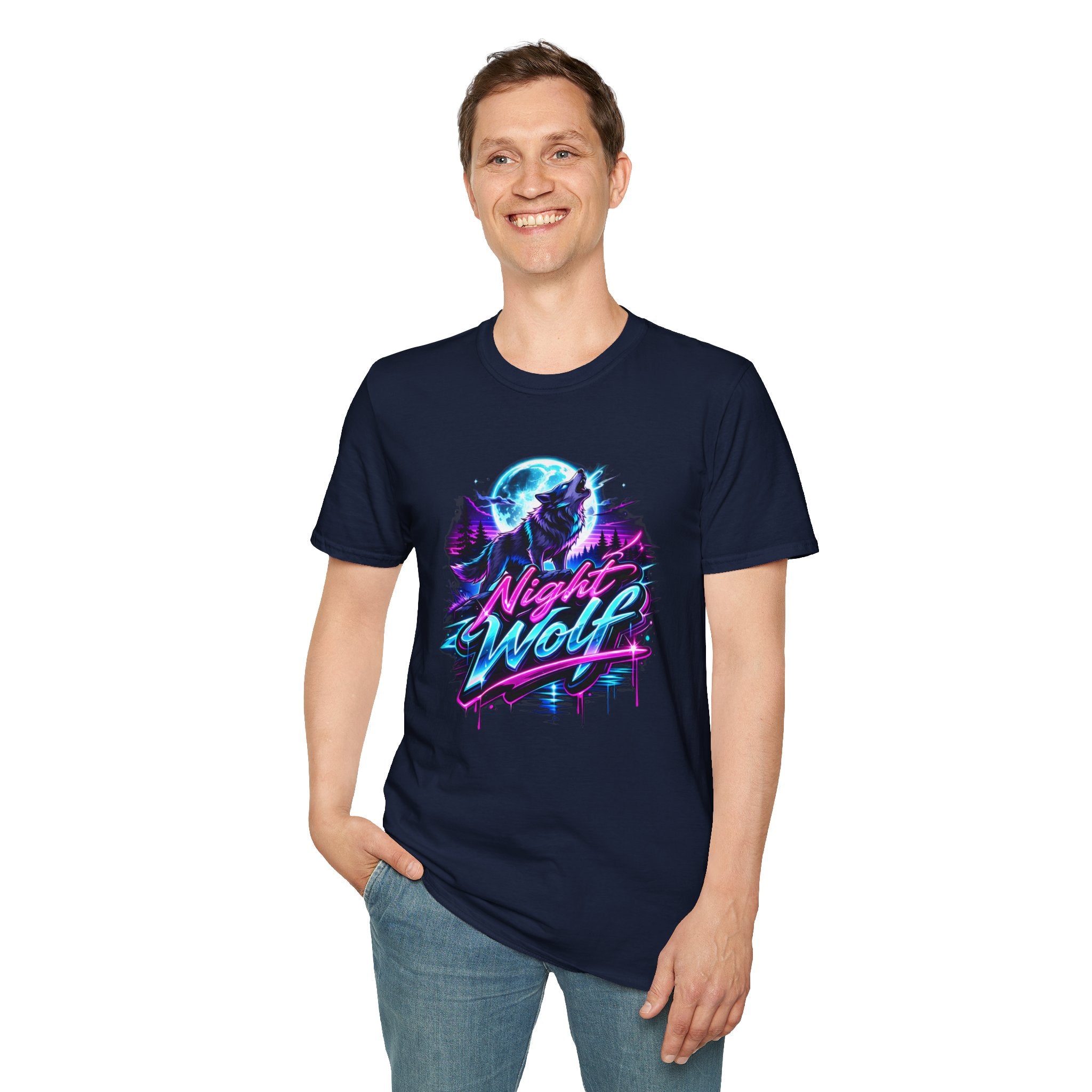Night Wolf T-Shirt Retro Neon Wolf Graphic Tee Dark blue