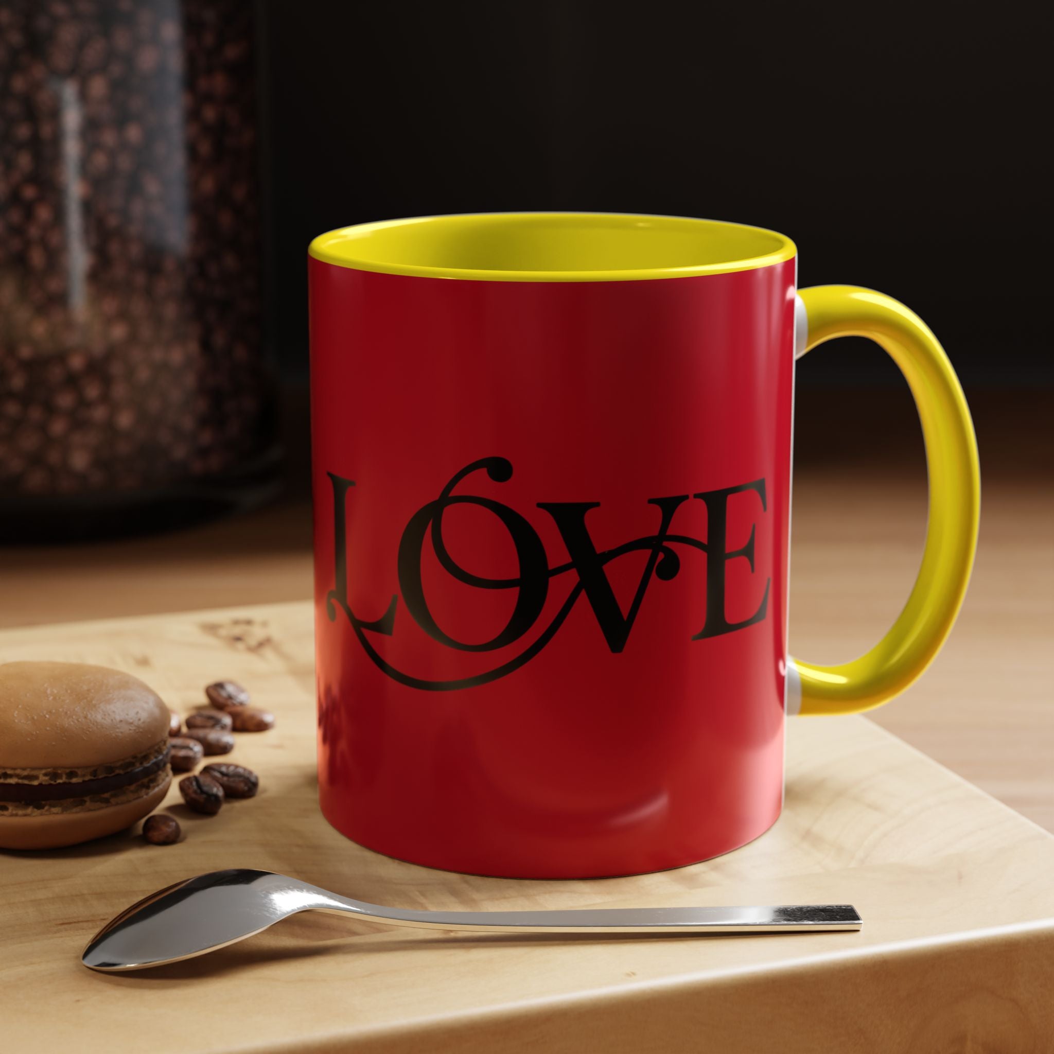 Love Script Accent Coffee Mug — Red &amp; Black Romantic Ceramic Coffee Cup (11oz)