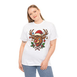 Playful display of the Christmas Reindeer Tee emphasizing its Christmas spirit with a cute reindeer character.