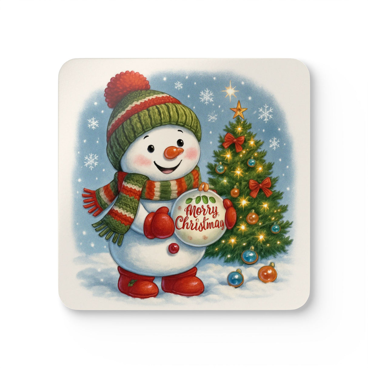 Close-up of the glossy full-color print on the Christmas Snowman Cork Coaster Set, showcasing vibrant colors and festive design.