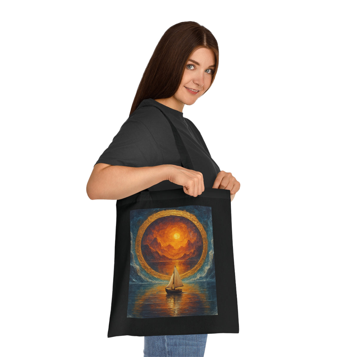 Sailboat Sunset Tote Bag – Showcasing both sides of the tote with stunning sunset graphics, perfect for ocean lovers.
