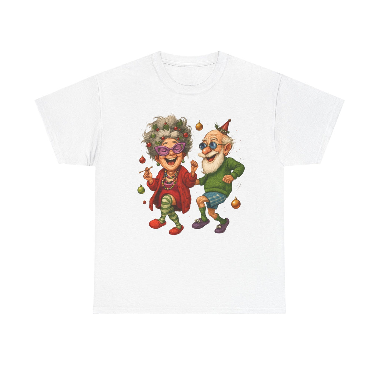 Graphic of a joyful elderly couple dancing depicted on the Dancing Seniors Illustration T‑Shirt.