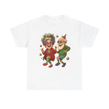 Graphic of a joyful elderly couple dancing depicted on the Dancing Seniors Illustration T‑Shirt.