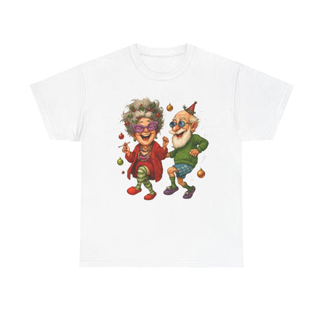 Graphic of a joyful elderly couple dancing depicted on the Dancing Seniors Illustration T‑Shirt.