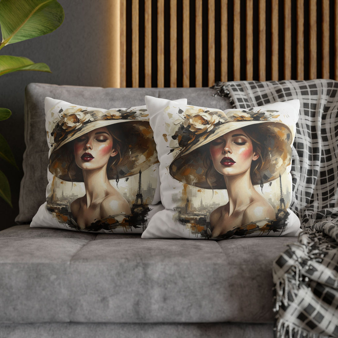 Vintage Parisian Lady Decorative Pillow Cover — Floral Hat Portrait