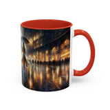 Elegant Nighttime Cityscape Coffee Mug paired with a pastry, perfect for a cozy breakfast for coffee lovers.