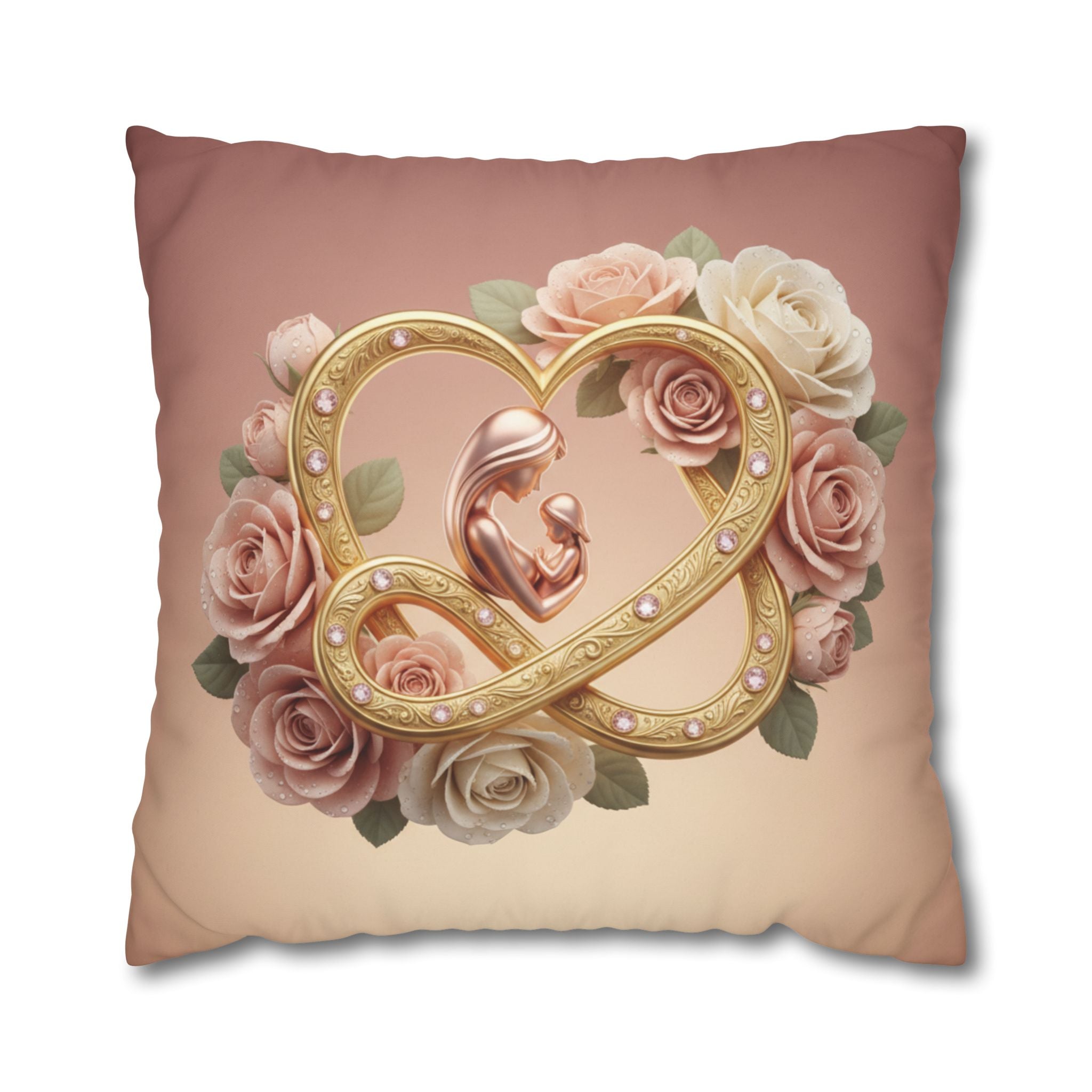 Mother &amp; Baby Heart Decorative Pillowcase — Floral Rose Infinity Design