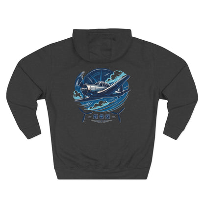 Back view of Aviator Three-Panel Hoodie highlighting the propeller and cloud graphic.