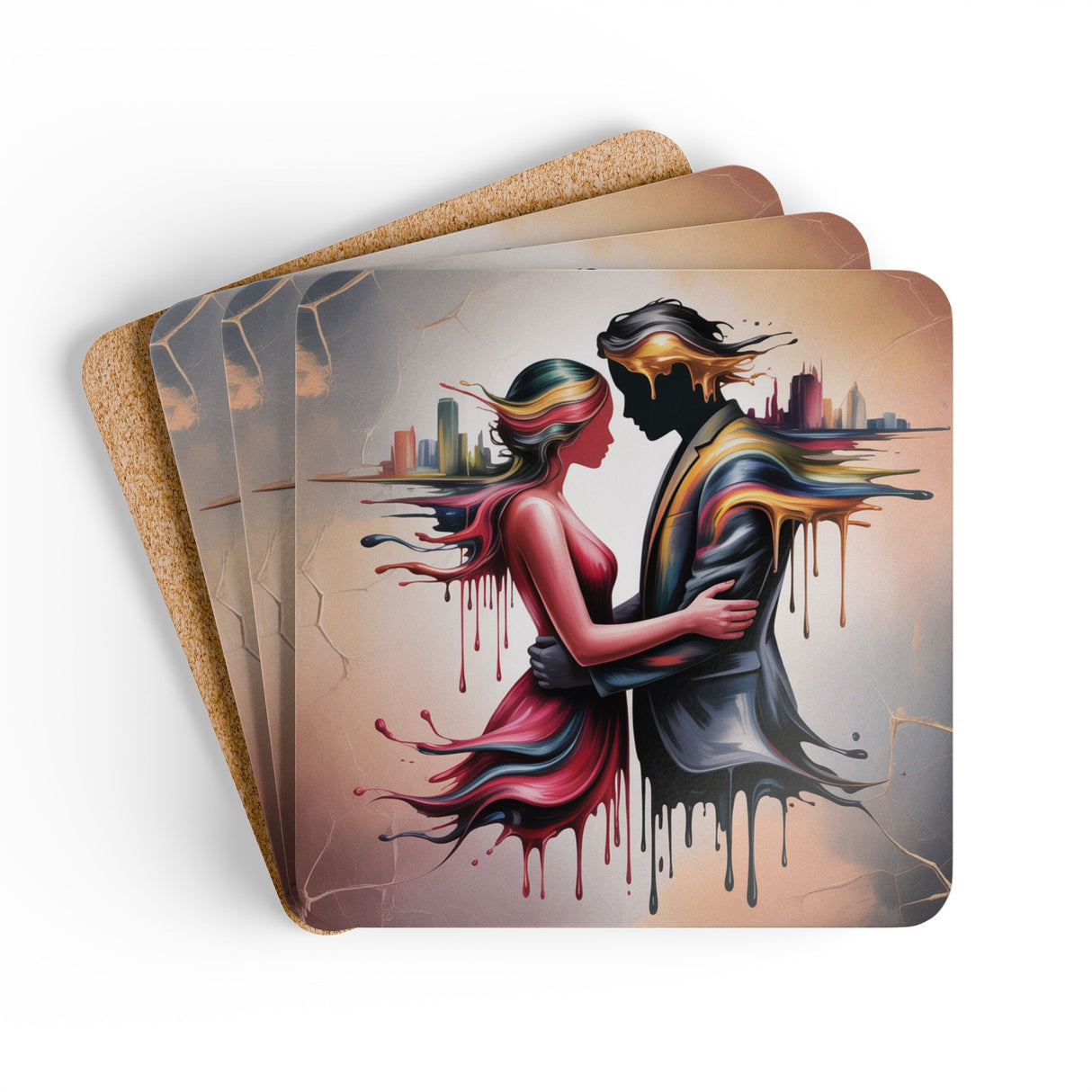 Artistic Drip Lovers Corkwood Coaster Set