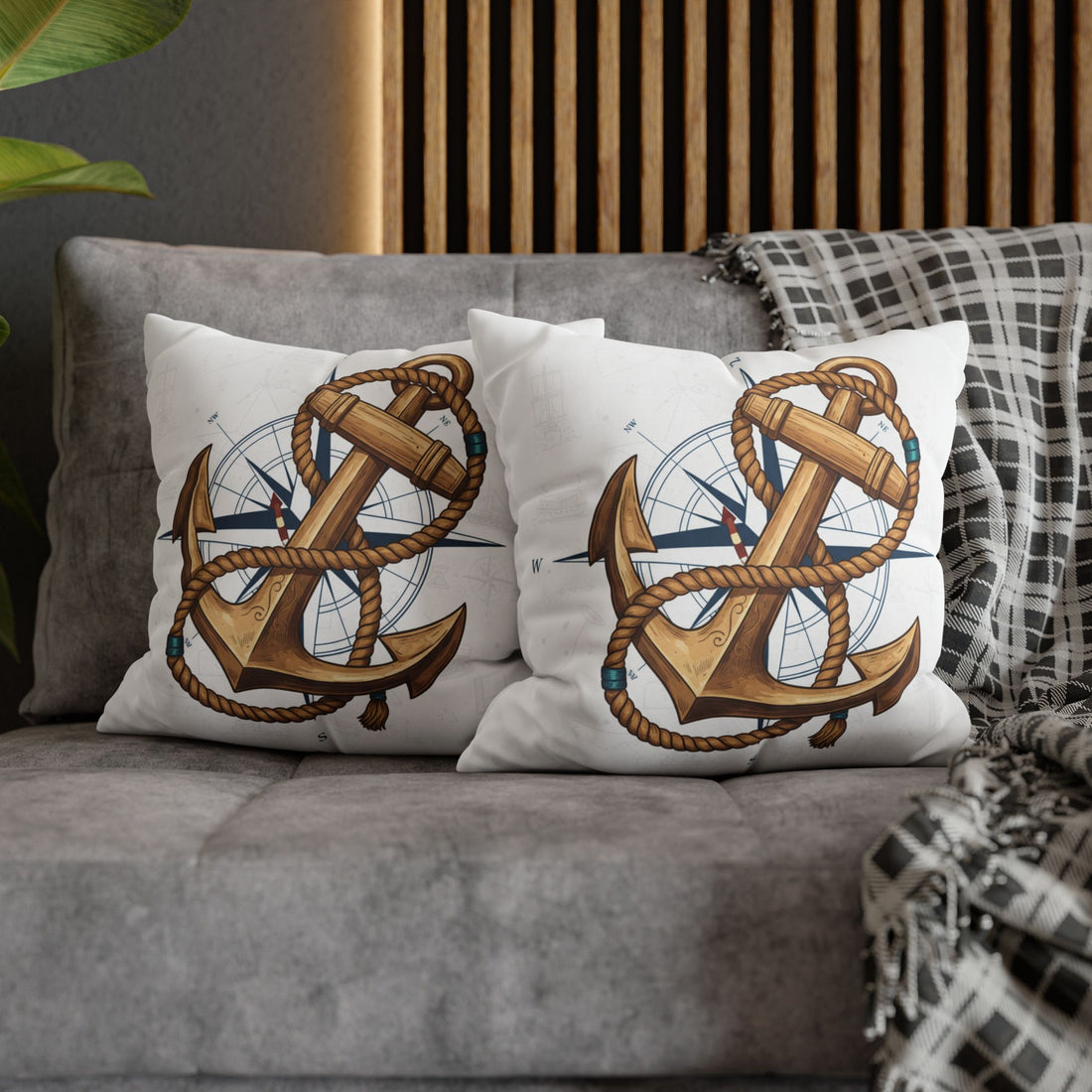Nautical Anchor &amp; Compass Square Pillowcase — Coastal Sailor Decorative Throw Pillow