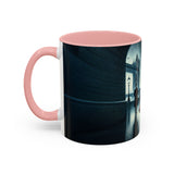Elegant Cityscape Coffee Mug - 11oz featured in a picturesque outdoor cafe.
