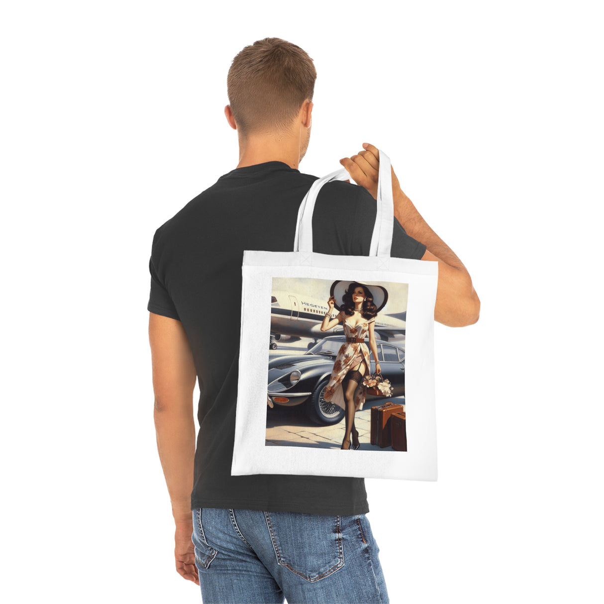 The Vintage Jetsetter Cotton Tote Bag featured with a city backdrop, symbolizing chic urban travel.