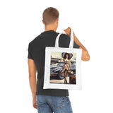 The Vintage Jetsetter Cotton Tote Bag featured with a city backdrop, symbolizing chic urban travel.