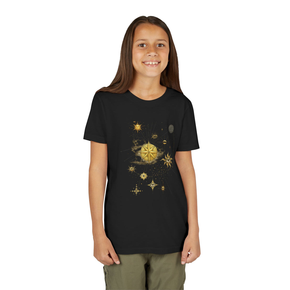 Playful kids stargazing in the Celestial Compass Youth Tee, perfect for nature lovers.
