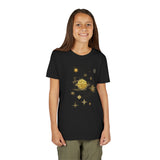 Playful kids stargazing in the Celestial Compass Youth Tee, perfect for nature lovers.