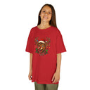 Kids Christmas Reindeer Tee — Cute Santa Hat Rudolph Holiday Shirt with a reindeer, candy-cane bow, and decorative holly.