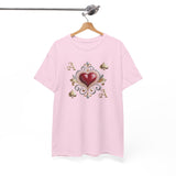 Close-up of the vintage-inspired heart design on the Ace of Hearts T-Shirt, perfect for fans of playing cards.