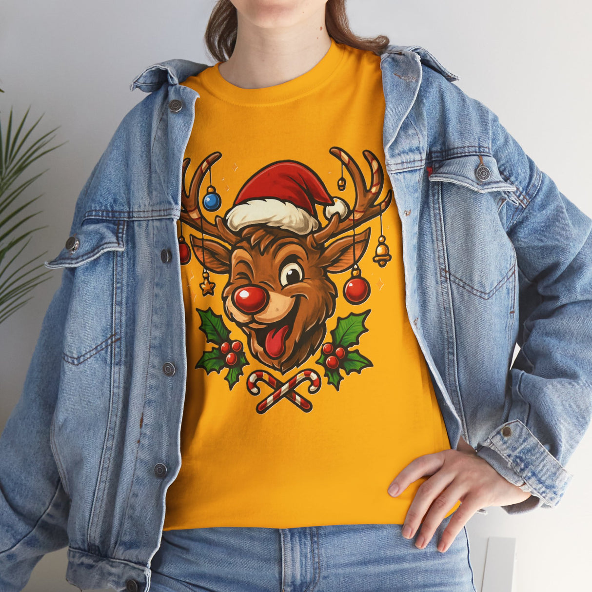 Christmas Reindeer Tee fit on model displaying its relaxed style ideal for Christmas parties.