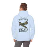 Pilot Hoodie – 'Real Pilots Don't Need Autopilot' Vintage WWII Plane Sweatshirt displayed on a hanger with a rustic background.