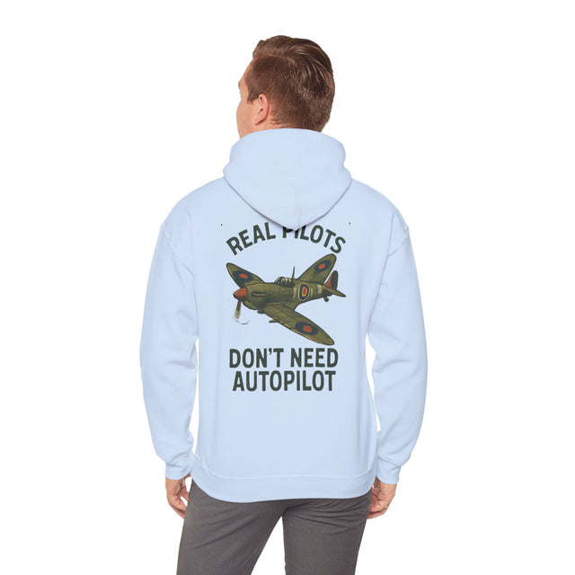 Pilot Hoodie – 'Real Pilots Don't Need Autopilot' Vintage WWII Plane Sweatshirt displayed on a hanger with a rustic background.