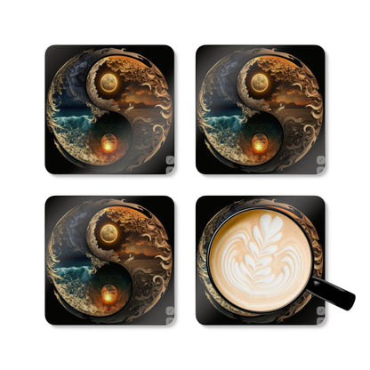 Non-slip cork back of the Yin Yang Corkwood Coaster Set ensuring stability on surfaces.