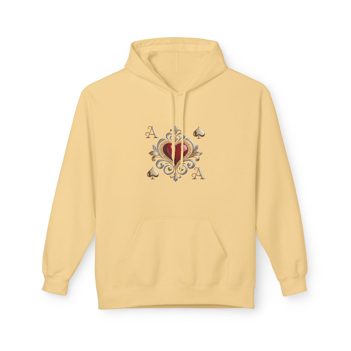 Person reaching into the pouch pocket of the Ace of Hearts Decorative Hoodie on a chilly day.