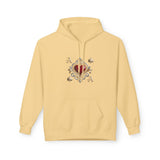 Person reaching into the pouch pocket of the Ace of Hearts Decorative Hoodie on a chilly day.