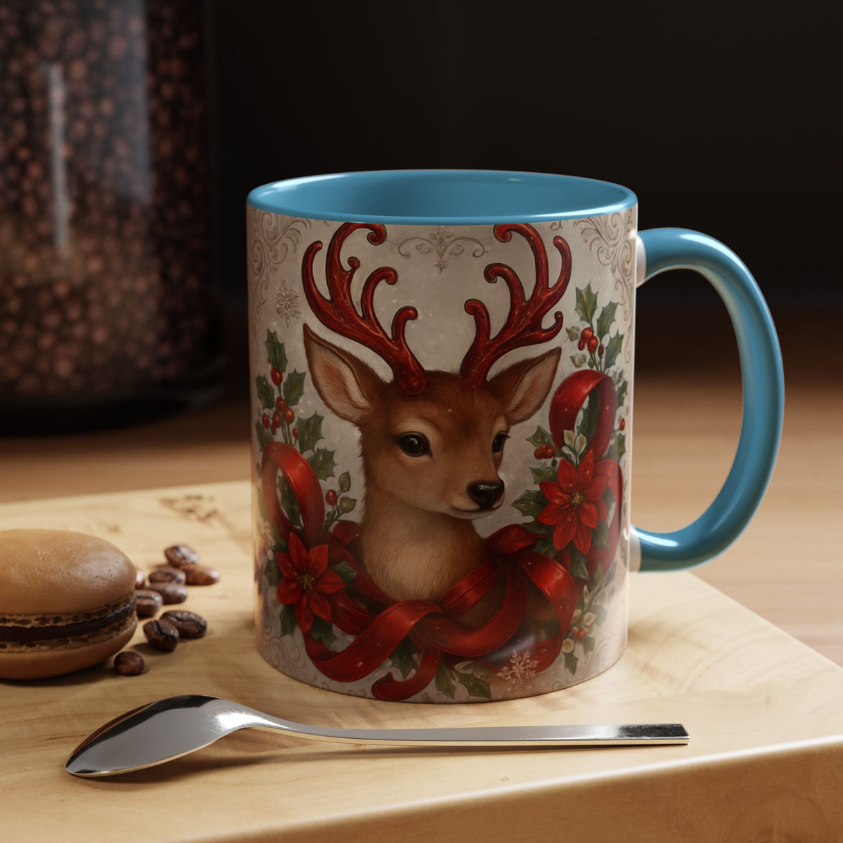 Holiday-themed Christmas Reindeer Coffee Mug paired with seasonal decorations, highlighting its festive charm.