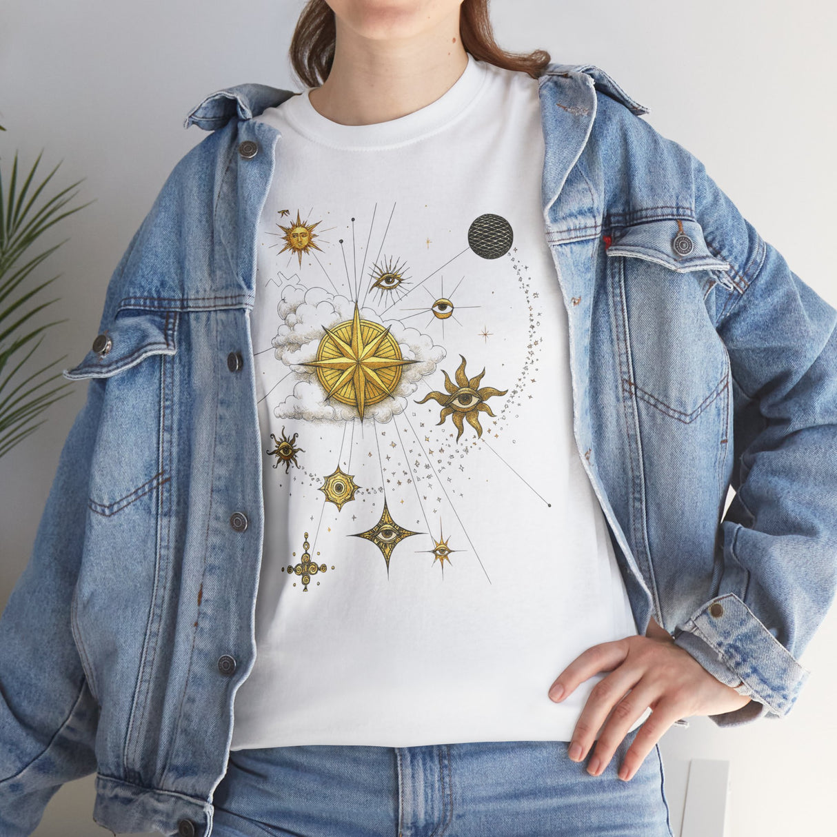 A close look at the print detail on the Celestial Gold Star Map T-Shirt highlighting its celestial theme.