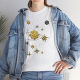 A close look at the print detail on the Celestial Gold Star Map T-Shirt highlighting its celestial theme.