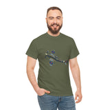 Vintage WWII Spitfire Fighter Plane T-Shirt with a scenic backdrop of an airshow