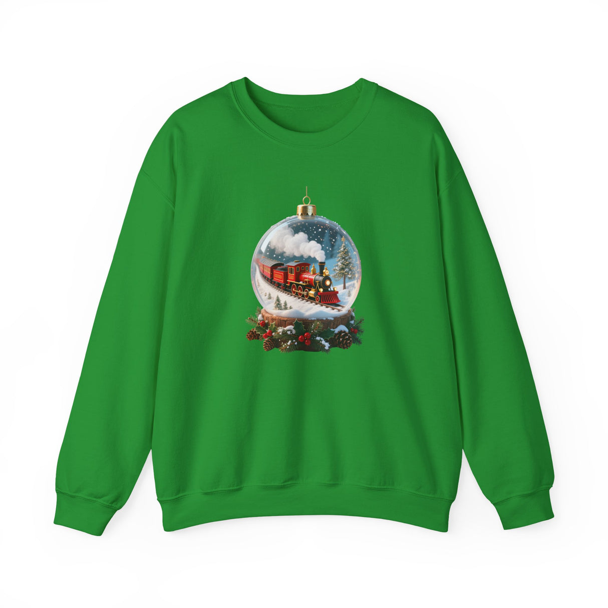 Flat lay of the Christmas Train Snow Globe Sweatshirt alongside holiday treats and decorations, capturing the spirit of the season.