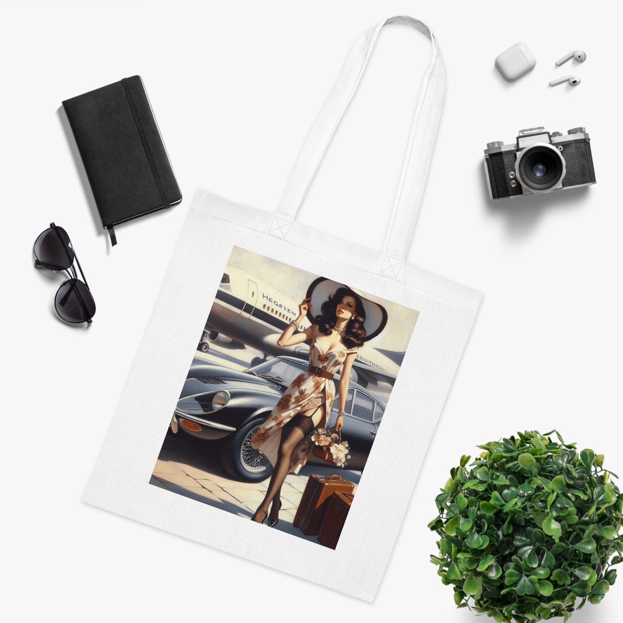 Stylish Vintage Jetsetter Cotton Tote Bag in a market setting, showcasing its versatility for everyday use.