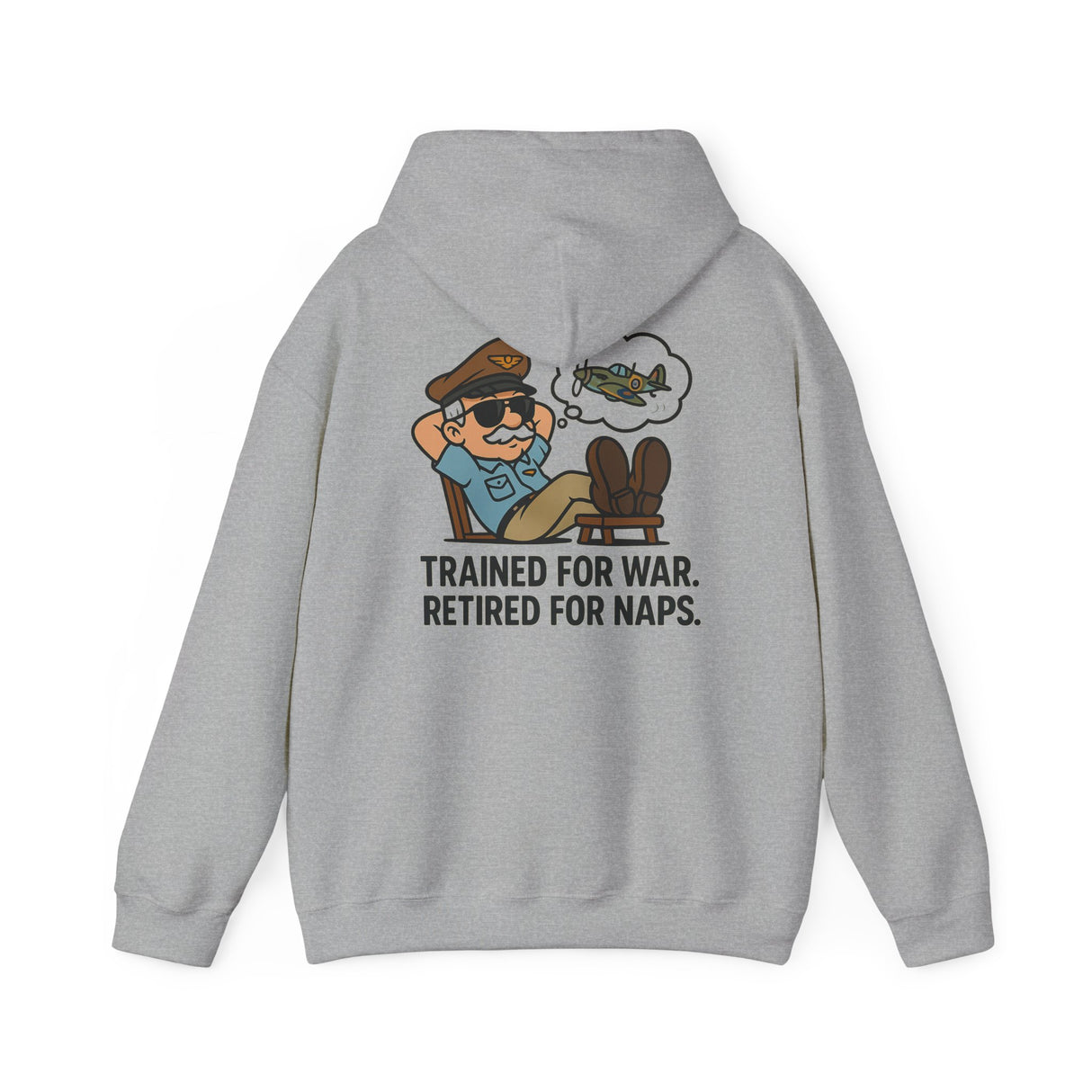 Back of the Retired for Naps Hoodie showcasing cartoon-style veteran lounging with helicopter thought bubble.