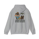 Back of the Retired for Naps Hoodie showcasing cartoon-style veteran lounging with helicopter thought bubble.