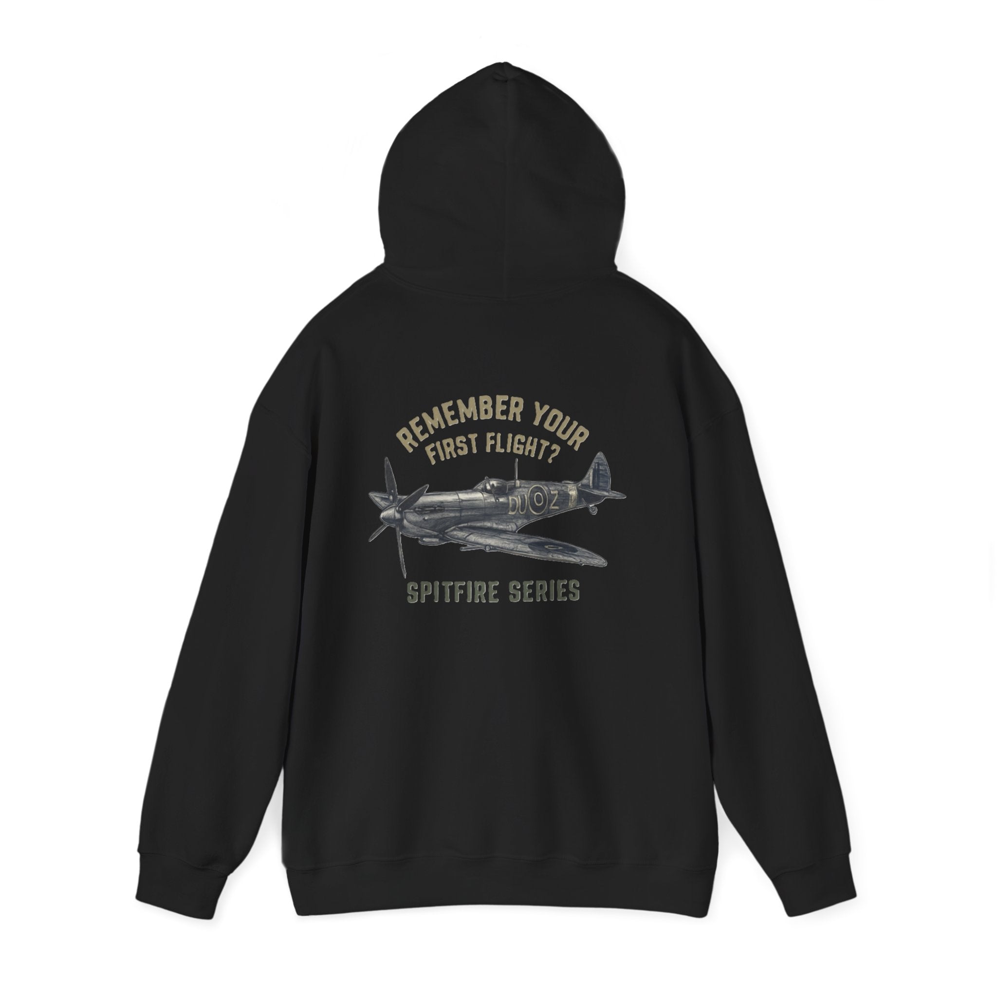 Spitfire Series Hoodie on a mannequin, showcasing its relaxed silhouette and unique aviation-themed design.