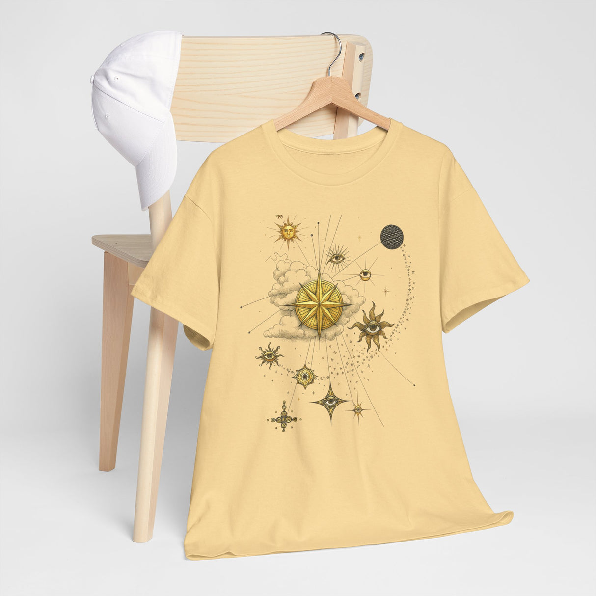 Group of friends wearing the Celestial Gold Star Map T-Shirt in a fun, adventurous gathering.