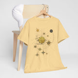 Group of friends wearing the Celestial Gold Star Map T-Shirt in a fun, adventurous gathering.