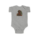 Infant Onesie — Cute Christmas Puppy with Tree & Presents showcasing soft cotton fabric and ribbed knit binding.