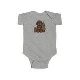 Infant Onesie — Cute Christmas Puppy with Tree & Presents showcasing soft cotton fabric and ribbed knit binding.