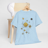 Close up of the front of the Celestial Gold Star Map T-Shirt accentuating its unique graphic design.