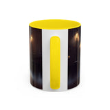 Elegant Red Dress Coffee Mug with vibrant city design, showcasing its uniqueness.