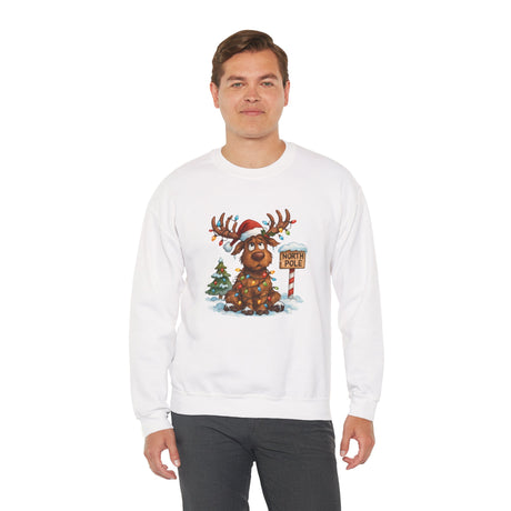 Christmas Moose Crewneck Sweatshirt featuring a playful reindeer wrapped in Christmas lights.