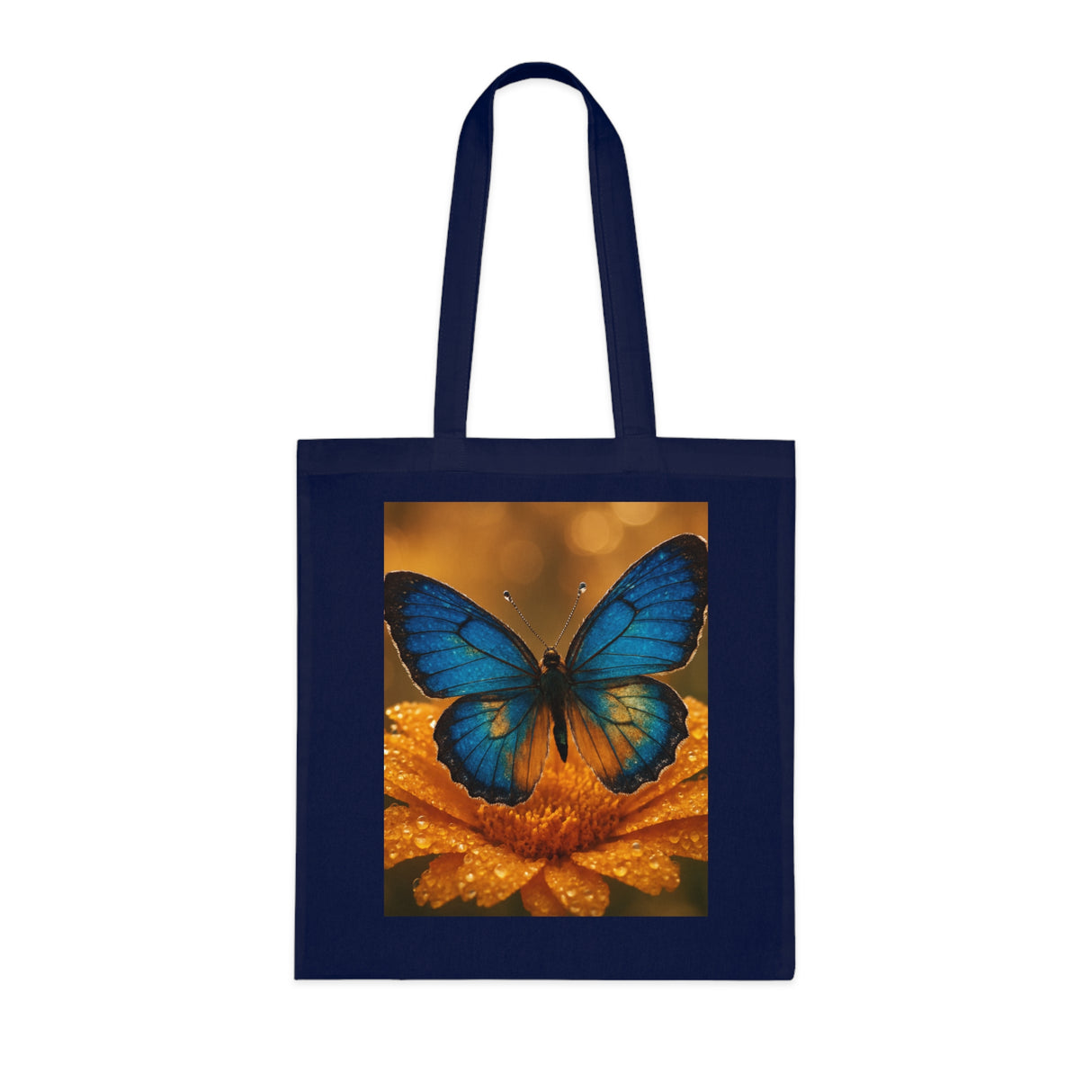 Lifestyle shot of the Blue Butterfly Cotton Tote — Nature Floral Reusable Shopper Bag being used at a farmer's market.