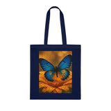 Lifestyle shot of the Blue Butterfly Cotton Tote — Nature Floral Reusable Shopper Bag being used at a farmer's market.