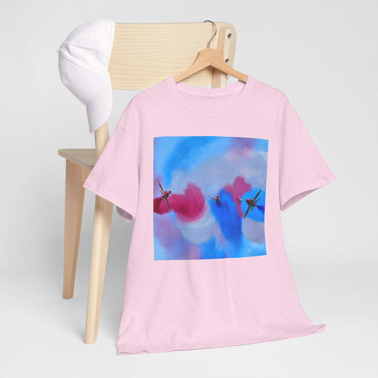 Back view of the Aerial Smoke Display Tee — Blue & Pink Airshow Pilots T-Shirt highlighting its comfortable fit and tear-away label.