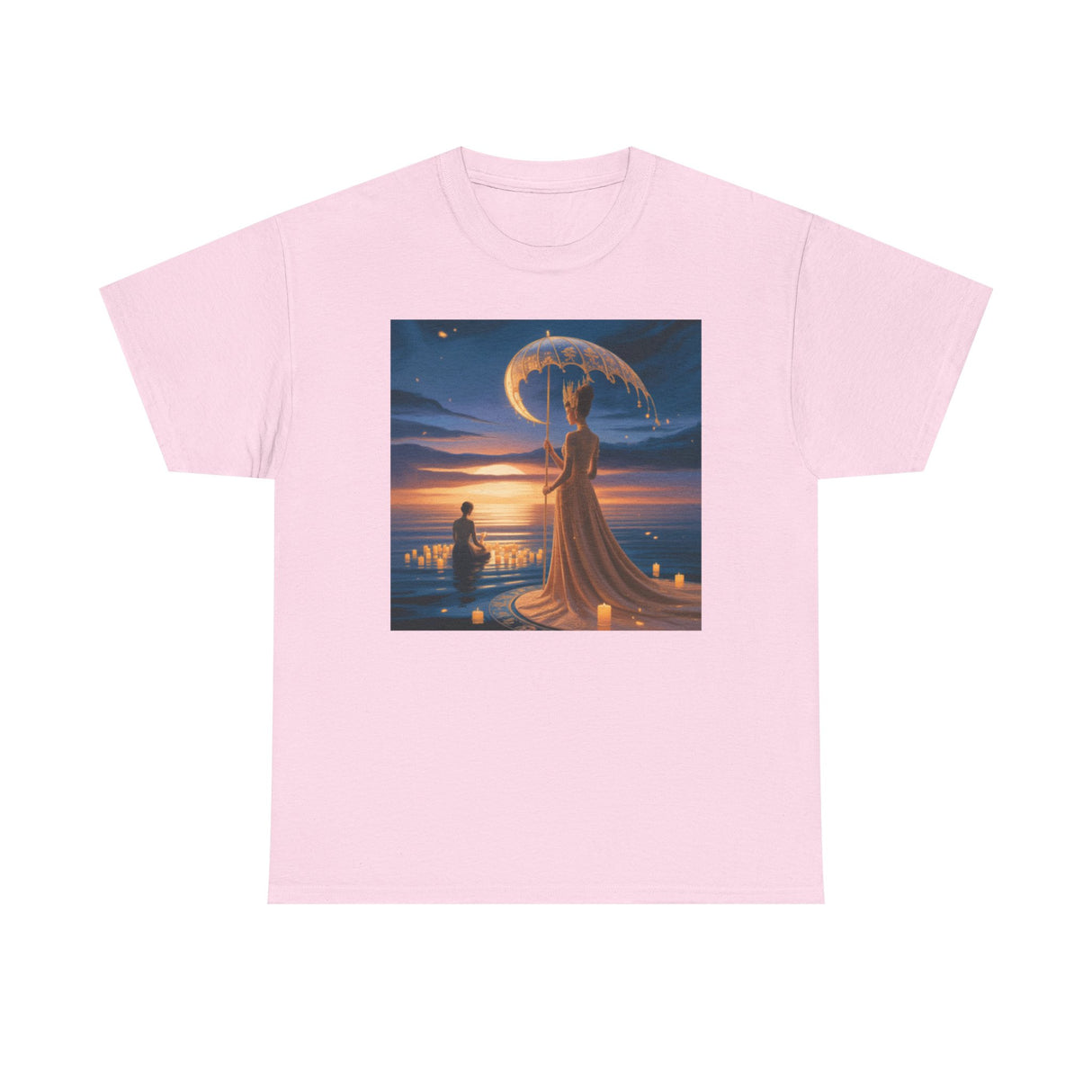 Back view of the Romantic Moonlit Couple T-Shirt — Sunset Fantasy Illustration Tee showing its classic crew neck and comfortable design.