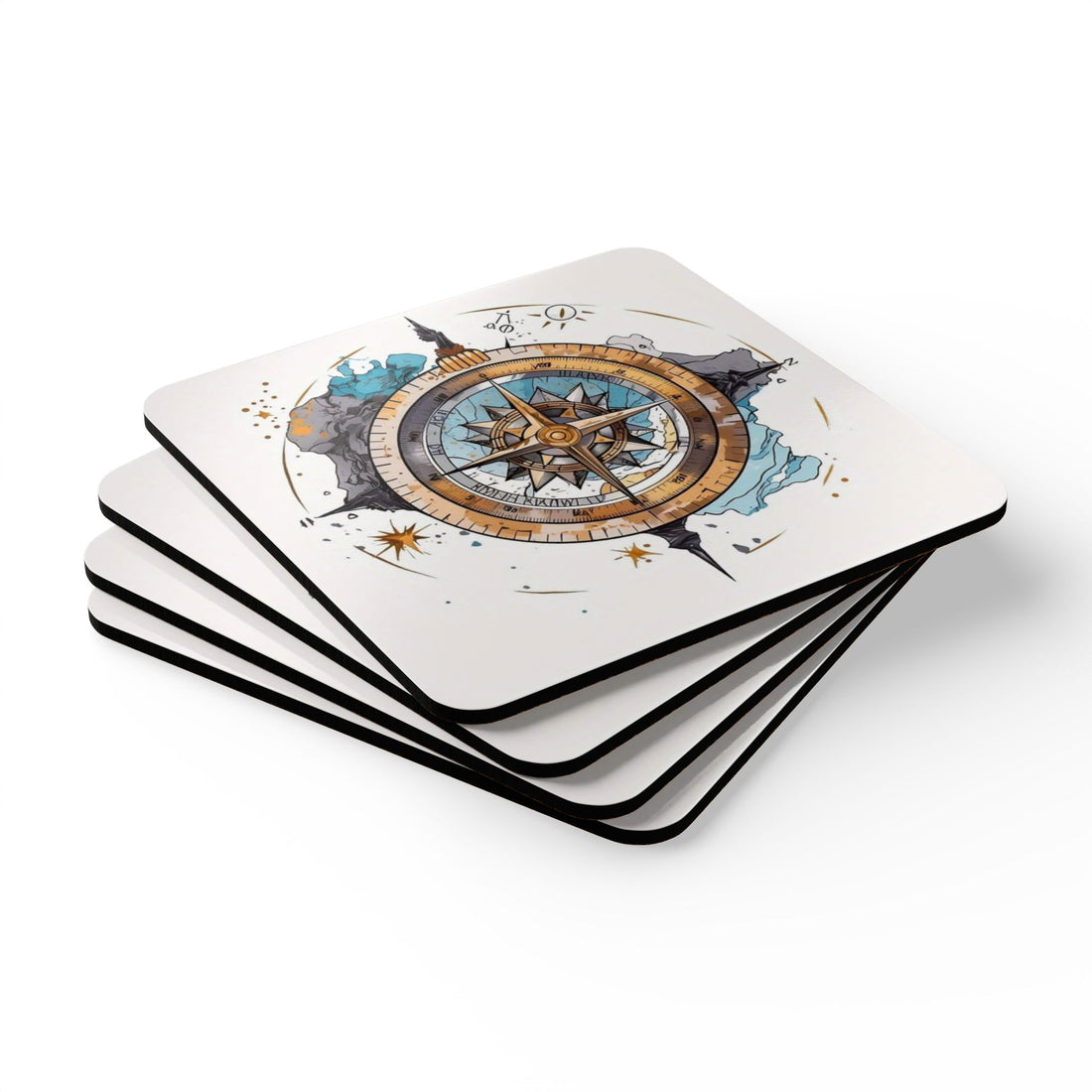 Close-up of the Nautical Compass Cork Coaster Set showcasing the glossy finish and detailed nautical compass design.
