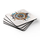 Close-up of the Nautical Compass Cork Coaster Set showcasing the glossy finish and detailed nautical compass design.