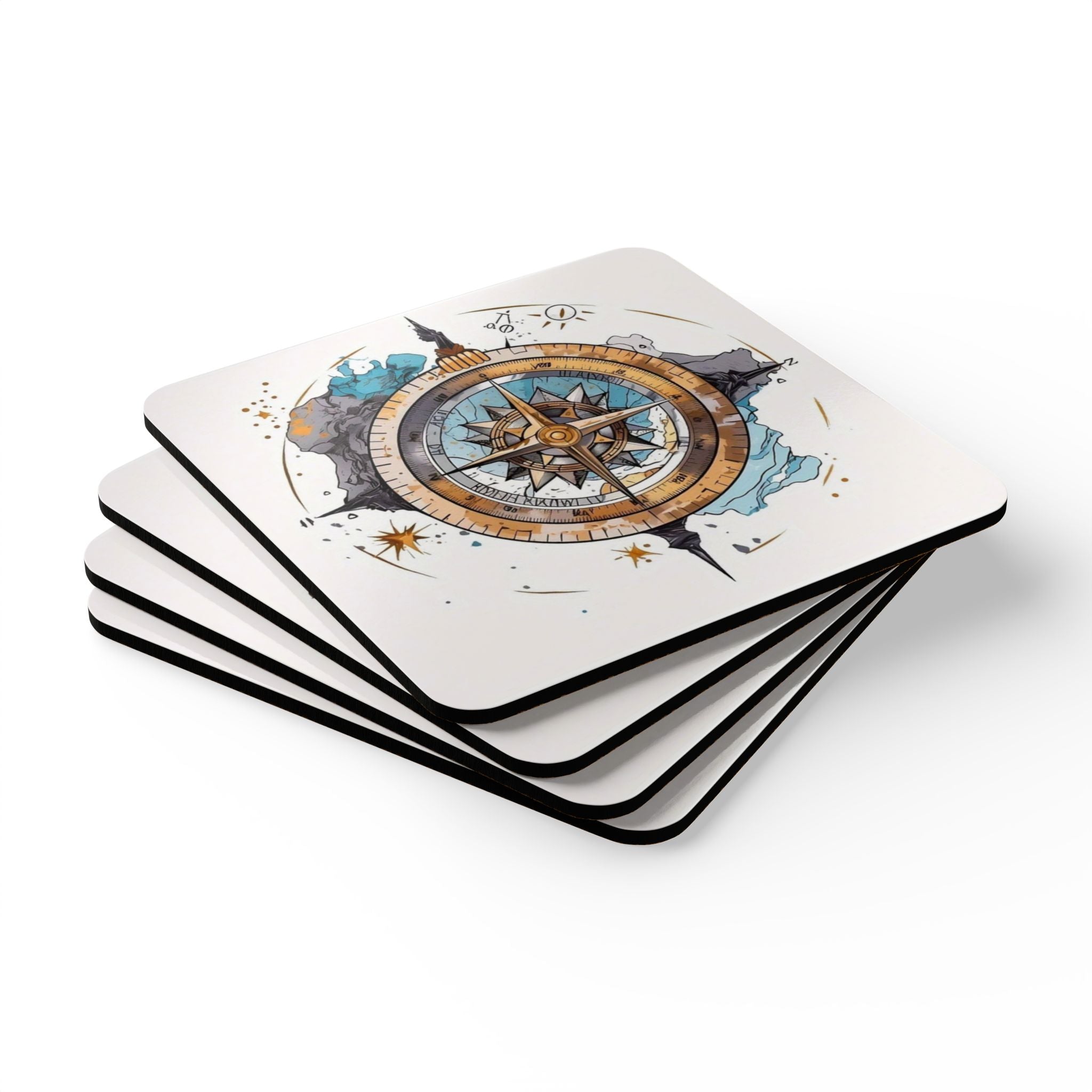 Close-up of the Nautical Compass Cork Coaster Set showcasing the glossy finish and detailed nautical compass design.